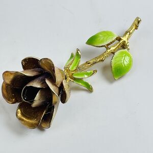 Vintage Large Rose Stem Brooch Pin Gold Tone Enamel Leaves Floral 3 inches